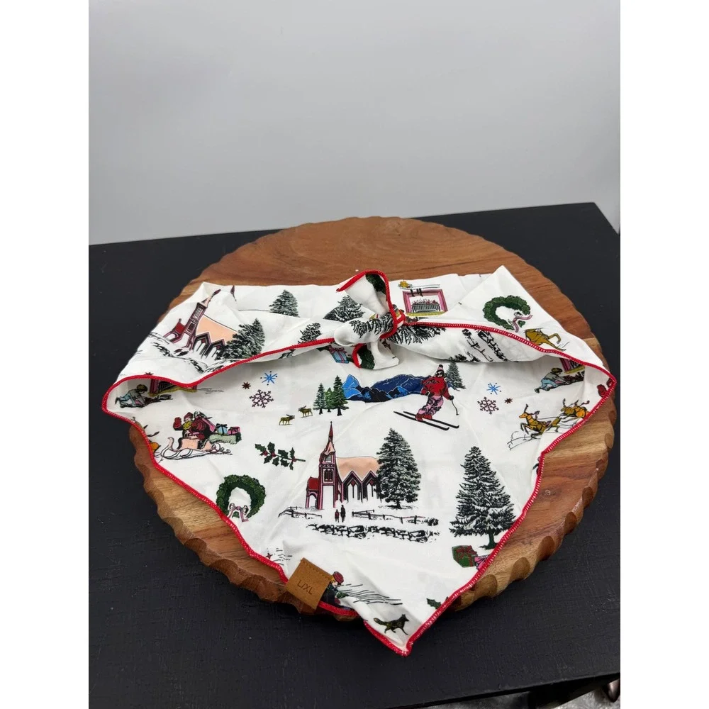 Katie Kime Winter Toile Dog Bandana Pet L/XL White Red Holiday Skiing Scarf